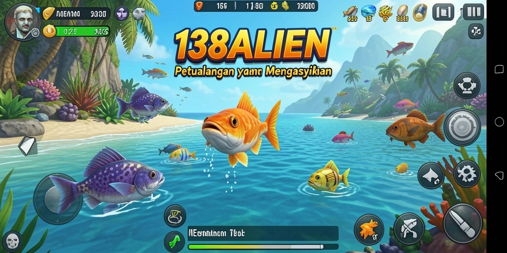 Screenshot utama menampilkan gameplay seru dalam memancing ikan.