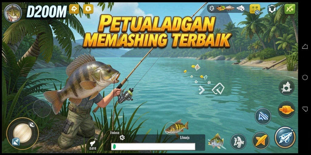 Gameplay D200M yang menampilkan aksi memancing yang seru dan mendebarkan.