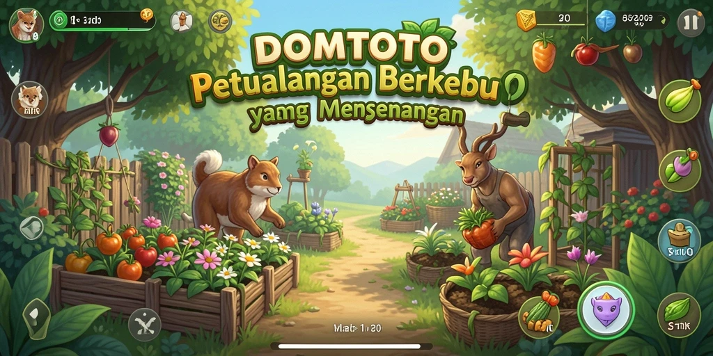 Tampilan menarik dari gameplay <strong>DOMTOTO</strong> yang menampilkan berkebun dan pemeliharaan hewan.
