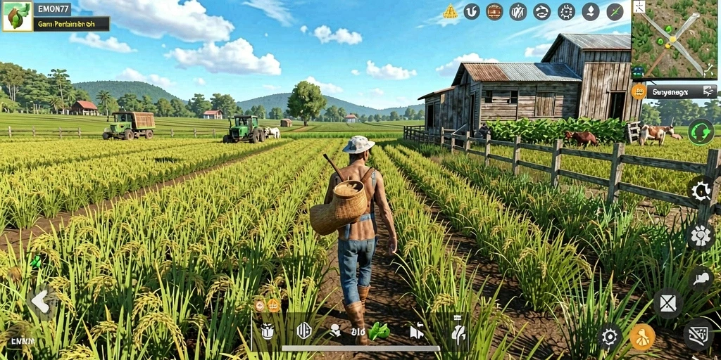 Screenshot gameplay EMON77 menunjukkan ladang pertanian yang penuh warna.