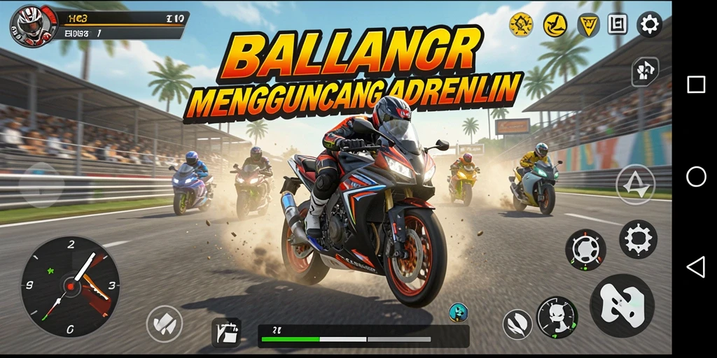 Tangkapan layar gameplay HO3 yang menunjukkan aksi balapan motor yang mendebarkan.