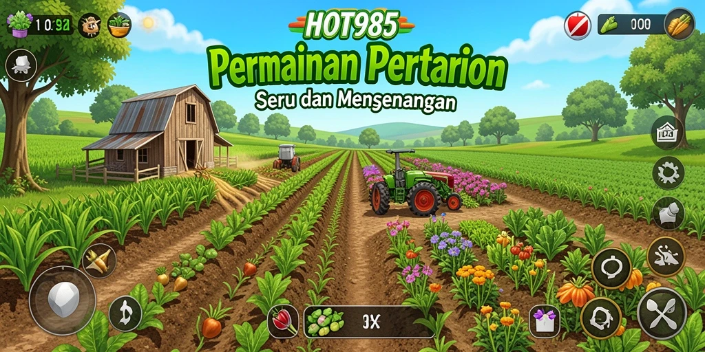 Screenshot gameplay HOT985 menampilkan ladang pertanian yang penuh warna.