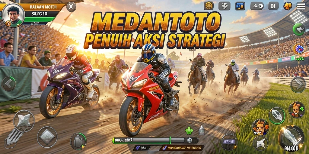Tampilan gameplay <strong>MEDANTOTO</strong> yang mendebarkan saat balapan motor.