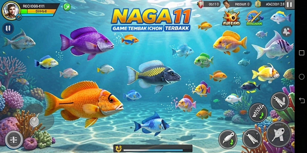 Screenshot utama NAGA11 menampilkan gameplay seru dan menembak ikan.