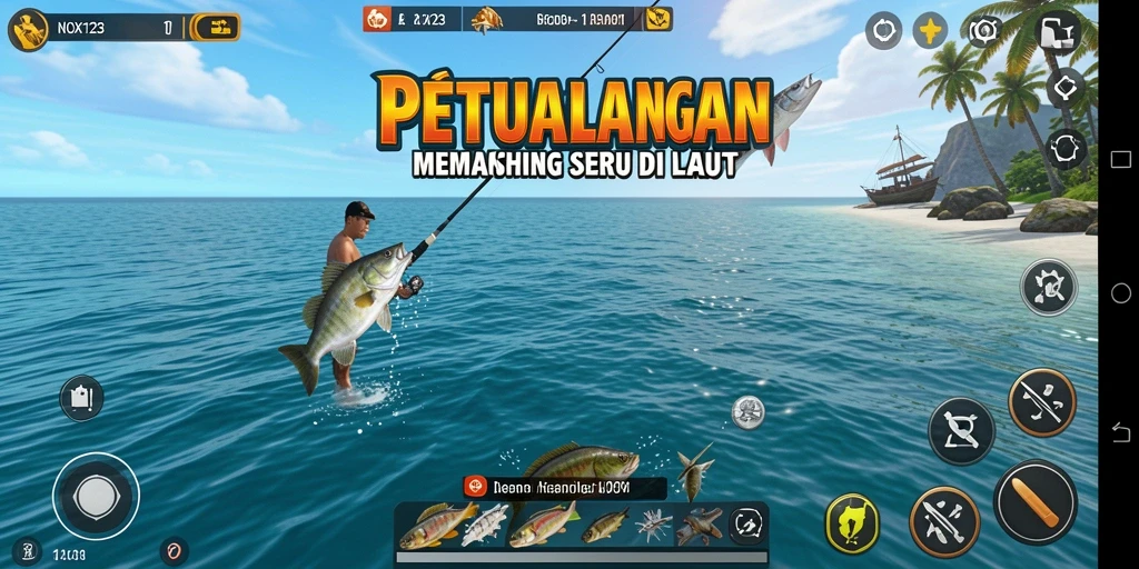 Screenshot gameplay NOX123 menampilkan aksi memancing yang memukau.