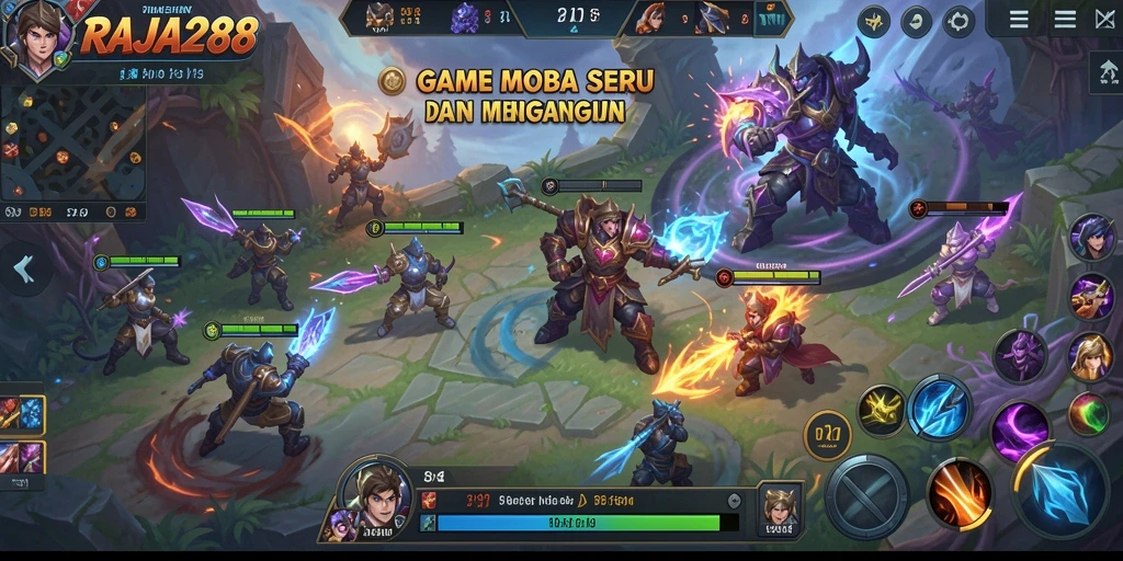 Screenshot gameplay seru dari RAJA288 yang menunjukkan pertarungan di arena MOBA.