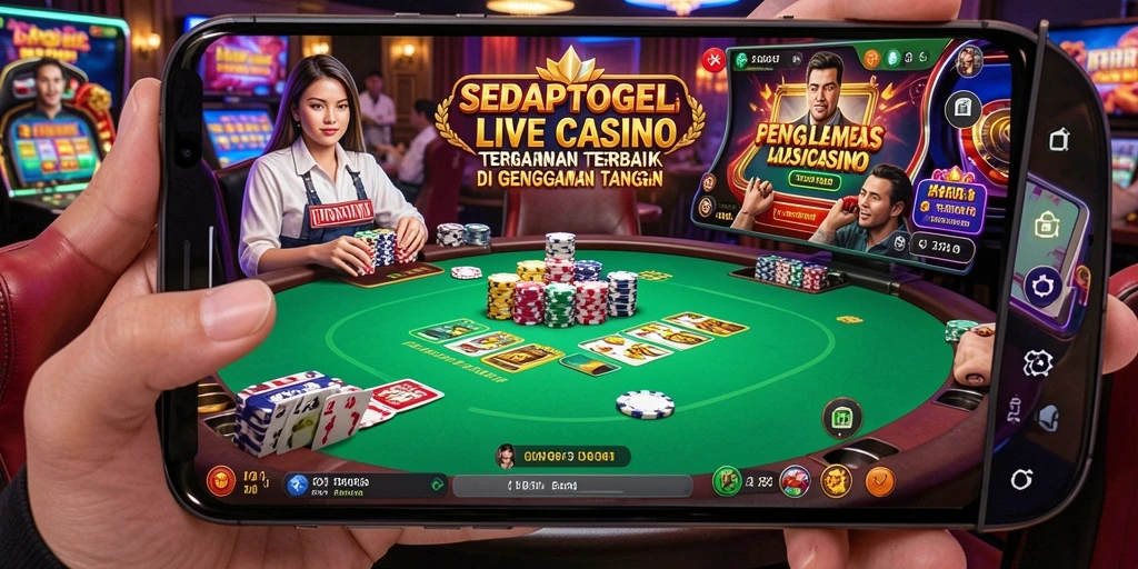 Screenshot gameplay SEDAPTOGEL menampilkan dealer dan pemain dalam suasana kasino langsung.