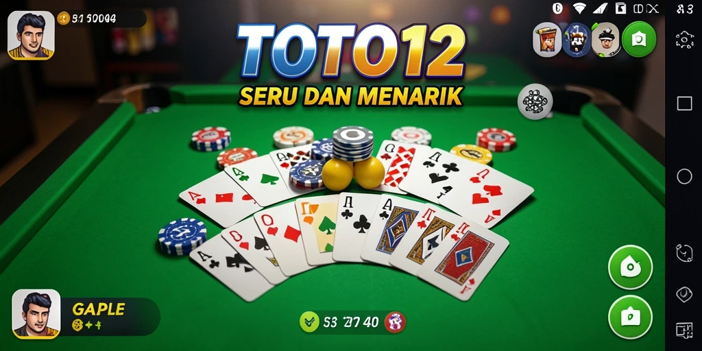 Screenshot utama TOTO12 menampilkan gameplay Gaple yang seru dan interaktif.